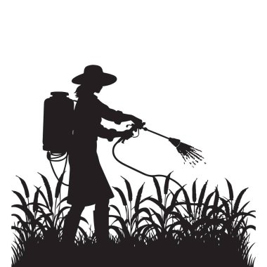Siluet Çiftçisi Tarla Vektörü Sanat Çiziminde Pestisit Spreyler