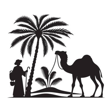 Siluet Bedevi Deve Palmiye Ağacı Oasis Vektör Grafik Tasarımı