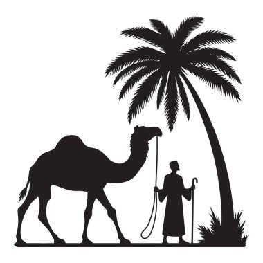 Siluet Bedevi ve Deve Palm Tree Çöl Sahnesinin yanında