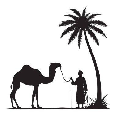 Bedevi 'nin Silueti ve Palmiye Ağacı Vektör Resminin Altında Deve
