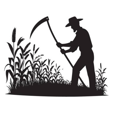 Siluet Çiftçisi Scythe Vintage Vector Art ile Ekin Topluyor