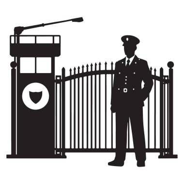 Güvenli Erişim için Kapı Vektörü İllüstrasyonunda Güvenlik Görevlisi Silueti