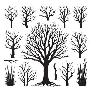 Yapraksız Siluet Ağaçları Kış Tasarımı Projeleri için Vektör İllüstrasyonu