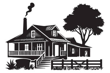 Kırsal Yaşam Tasarımları için Çiftlik Evi Silueti Vektör İllüstrasyonu