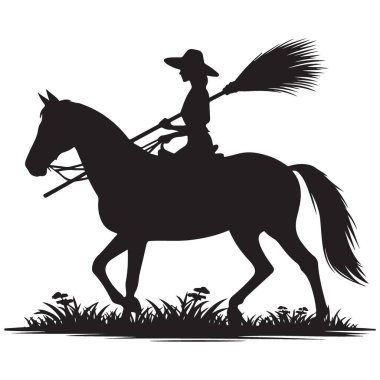 Siluet Sanat Tasviri Çiftlikte Tırmıkla At Sürücüsü
