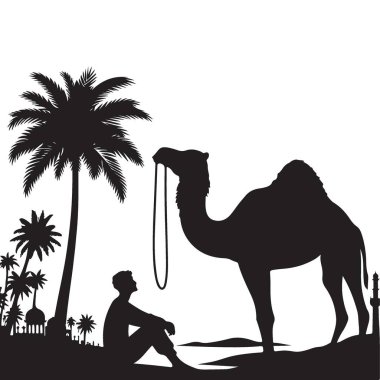 Desert Oasis Sahnesinde Develi Bir Adamın Silueti