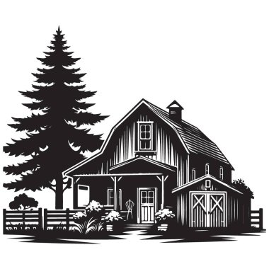 Evergreen Tree ve Shed ile Ayrıntılı Siluet Ahır Resimleri