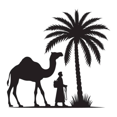Siluet deve ve gezgin palmiye ağacı altında çöl illüstrasyon