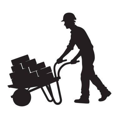 Siluet inşaat işçisi el arabasını tuğla vektör çizimi ile itiyor