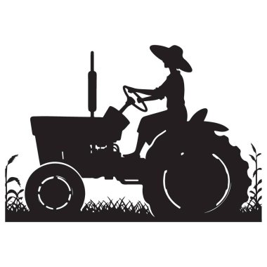 Siluet çiftçisi bir çiftlik illüstrasyonunda traktör kullanıyor.
