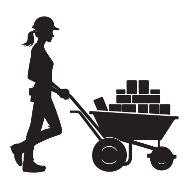 Siluet İnşaat İşçisi El Arabası Vektör İllüstrasyon Malzeme Taşımacılığı