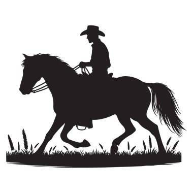 Grassy Pasture Vektör Görüntüsünde Kovboy Atı Sürücüsü Silueti