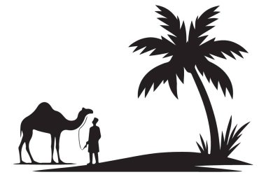 Siluet Deve ve Palmiye Ağacı Altındaki Adam İllüstrasyonu