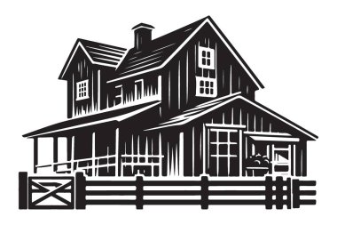 Fenced Yard ile Geleneksel Çiftlik Çiftliği Ahır Binası Silueti