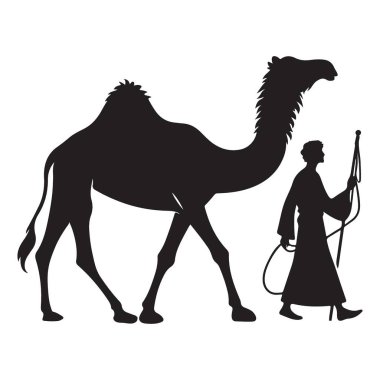 Çöl manzarasında deveye liderlik eden Arap bir adamın silueti.