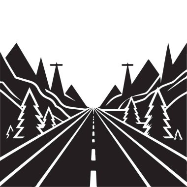 Siluet Düz Yol Dağlar ve Ormanlar Arasında Yolu Gösteriyor