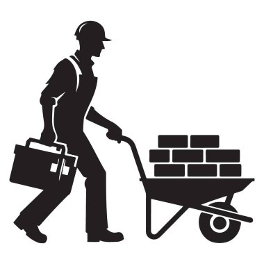 Siluet İnşaat İşçisi El Arabası Vektör Resimli Tuğla Taşıyor