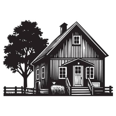 Konut Sahnesi Sanatında Ağaç ve Çitle Ev Silueti