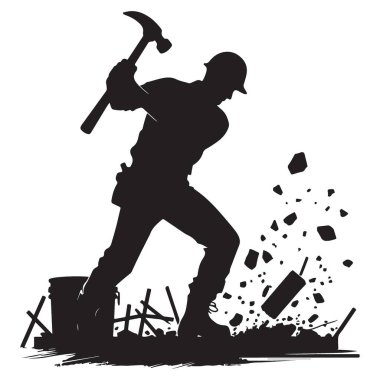 İnşaat İşçisinin Silueti Çekiç Vektör İllüstrasyonuyla Yıkım