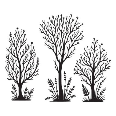 Çimen Vektörü İllüstrasyon Doğa Manzaralı Siluet Ağaçları