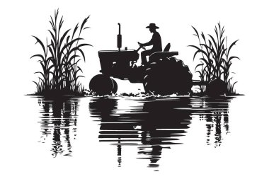 Tarımsal Traktör Silüeti Su Yansıması ile Alan 'da Çalışıyor