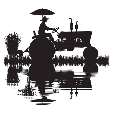 Tarım Traktörü Silueti Su Yansımalarıyla Alan Üzerinde Çalışıyor