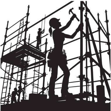 Siluet İnşaat İşçileri Çekiç ve Aletlerle İnşaat Yapıyor