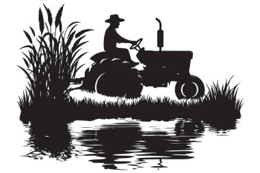 Tarımsal Traktör Silüeti Su Üzerine Yansıyan Alan 'da Çalışıyor