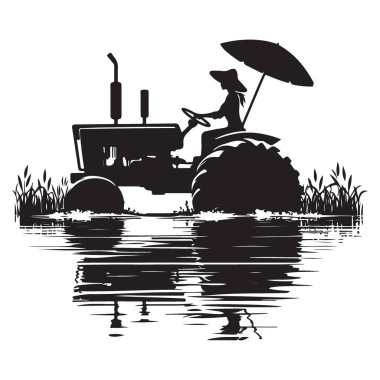 Şemsiyeli bir çiftçinin silüeti su vektöründe traktör sürüyor.