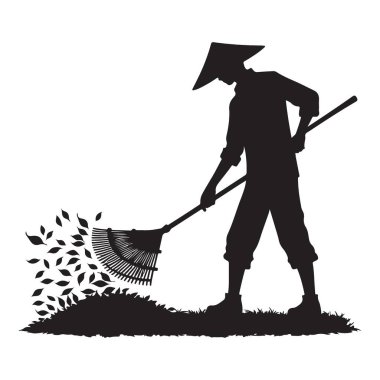 Asyalı çiftçinin silueti şapka çizim vektörüyle yaprakları tırmıklıyor.