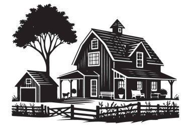 Ahır ve Pastoral Peyzaj Vektörlü Büyüleyici Çiftlik Evi Silueti
