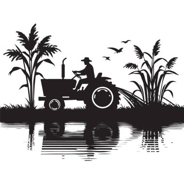 Yansımalı tarımsal sahne vektör çizimi olan bir traktörün silueti
