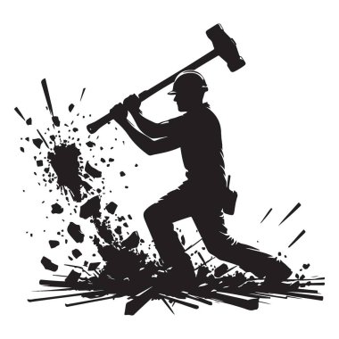 İnşaat İşçisi Silueti Sallanan Balyoz Yıkım Vektörü Sanatı