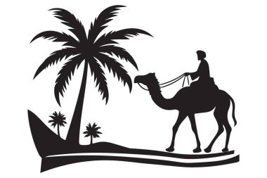 Deve ve Süvari Silueti Palm Tree Çölünün Altında