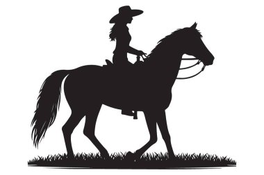 Zarif Kovboy Kız Silueti Ata Binen Vektör Sanat Çizimi Tasarımı