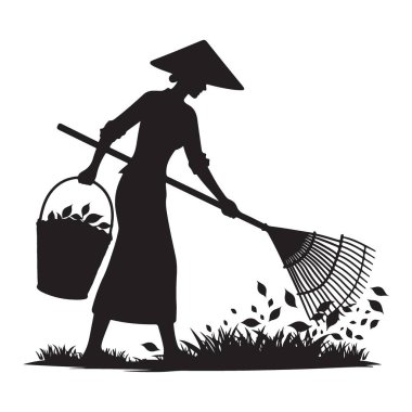 Asyalı Kadın Silueti Tırmıklama Resim Bahçesinden Ayrıldı