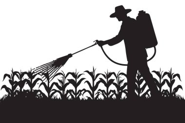 Çiftçi tarım için tarla silueti vektörüne böcek ilacı püskürtüyor