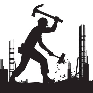 Siluet inşaat işçisi bir inşaat sahasındaki borsa resimlerini çekiçliyor.