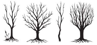 Kış Manzarası ve Tasarım Elementleri için Çıplak Ağaçlar Siluet Vektör Paketi