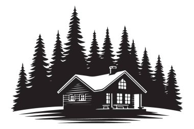 Pine Trees Ormanı Çizimleriyle çevrili rahat kabin silueti