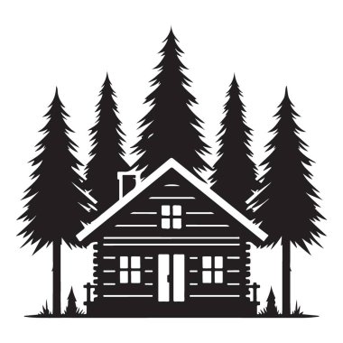 Ağaçlar Vektör Resimleriyle çevrili Rustik Kütük Kulübesi Silueti