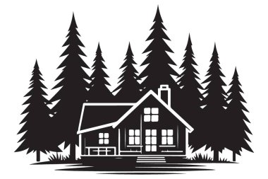 Ormandaki Siluet Kulübesinde Çam Ağaçları Güzel Vektör Sanatı