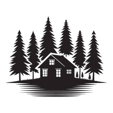 Pine Trees Ormanı Çevrelenmiş Basit Kulübe Silueti