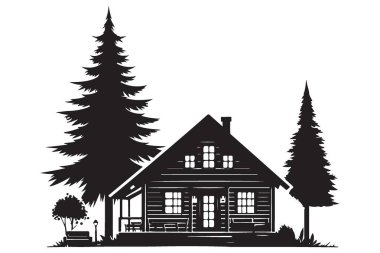 Pine Trees Manzaralı Konforlu Kabin Vektörü Sanat Silueti