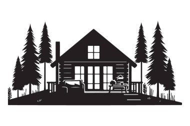 Serene Dağı Kulübesi Siluet Vektör Manzarası Çizim Tasarımı