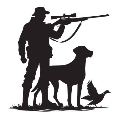 Avcı Silueti Tüfek ve Avcı Köpeği Vektör Sanatı