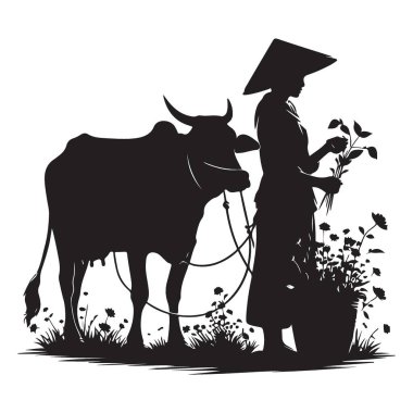 Siluet Asyalı Çiftçi İnek Kırsal Tarım Sanatı ile Hasat Yapıyor