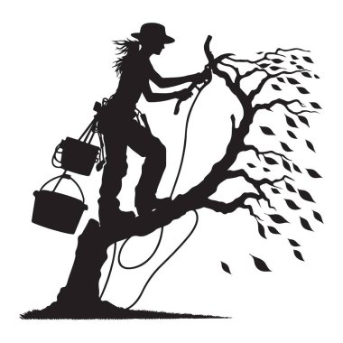 Ağaççı Siluet Kadın Ağaca Tırmanan Ağaç Kesme Sanatı