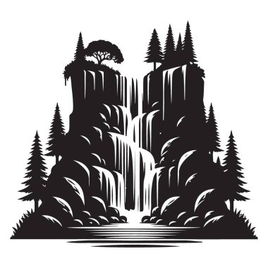 Şelale Silueti Peyzaj Vektörü İllüstrasyon Doğa Sahne Sanatı