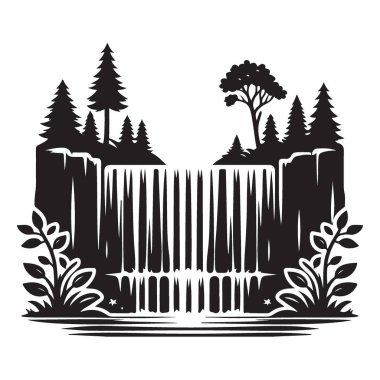 Şelale Silueti Vektör İllüstrasyonu Huzurlu Doğal Sahne Sanatı